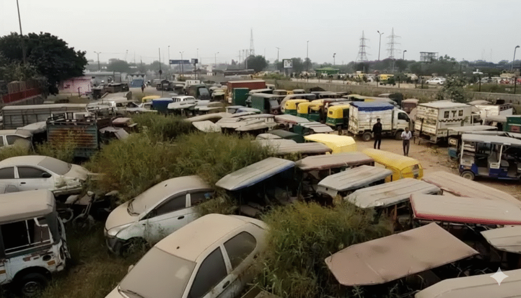 Small cars lined up in a scrap facility