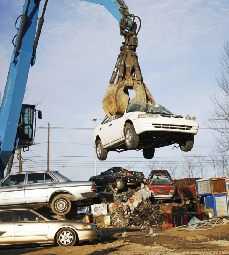 Car being lifted for recycling at a scrapyard as part of vehicle scrapping in Pune by VSCRAPIT.
