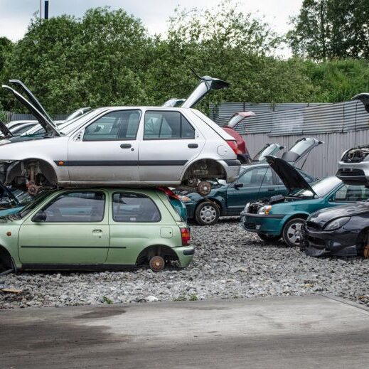 Pile of old cars stacked for scrapping