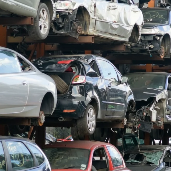 Stacked scrap cars at recycling yard