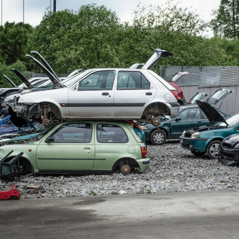 Stacked scrap cars in recycling yard