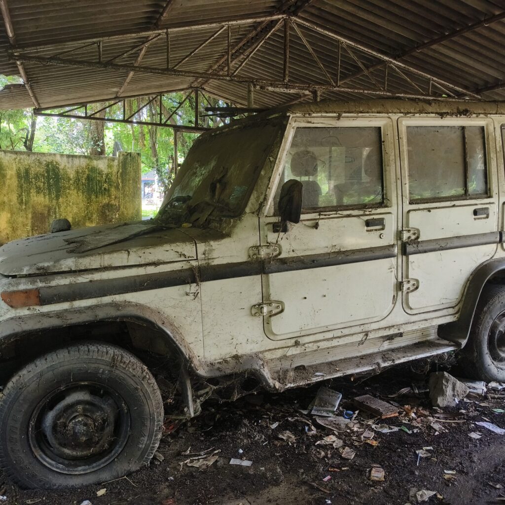 Cars stacked in a scrapyard