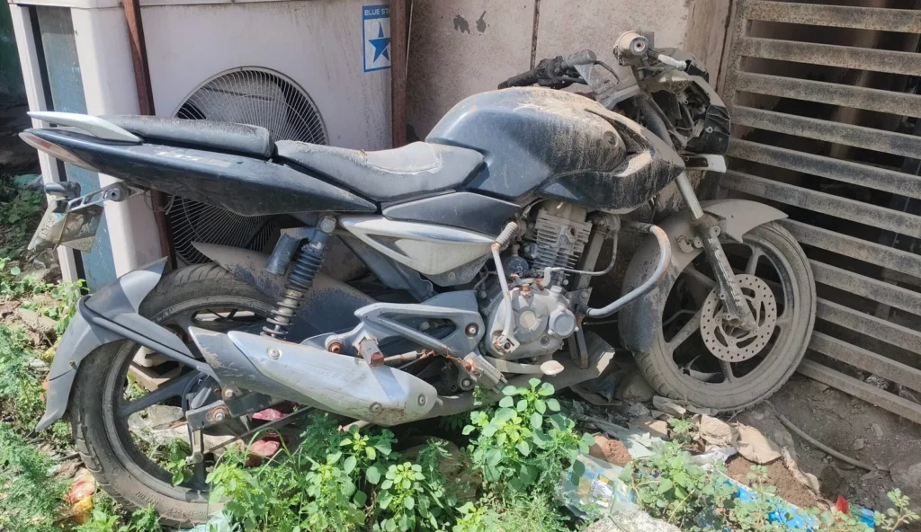 Damaged motorcycle kept for recycling