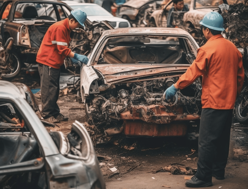 Workers recycling vehicles at an authorized scrapyard for car scrapping in Delhi NCR with VSCRAPIT.