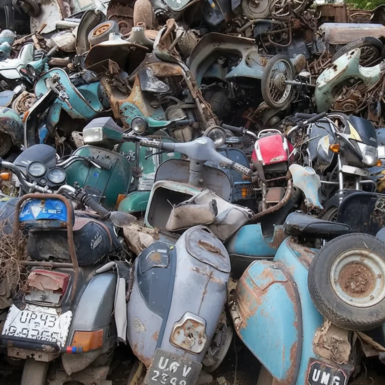 A pile of old and scrapped bikes and scooters collected in a junkyard, representing the process of Bike Scrapping in Bengaluru and the city’s efforts toward responsible vehicle recycling and waste management.