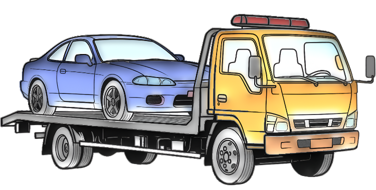 Tow truck carrying a scrap car for pickup and vehicle recycling