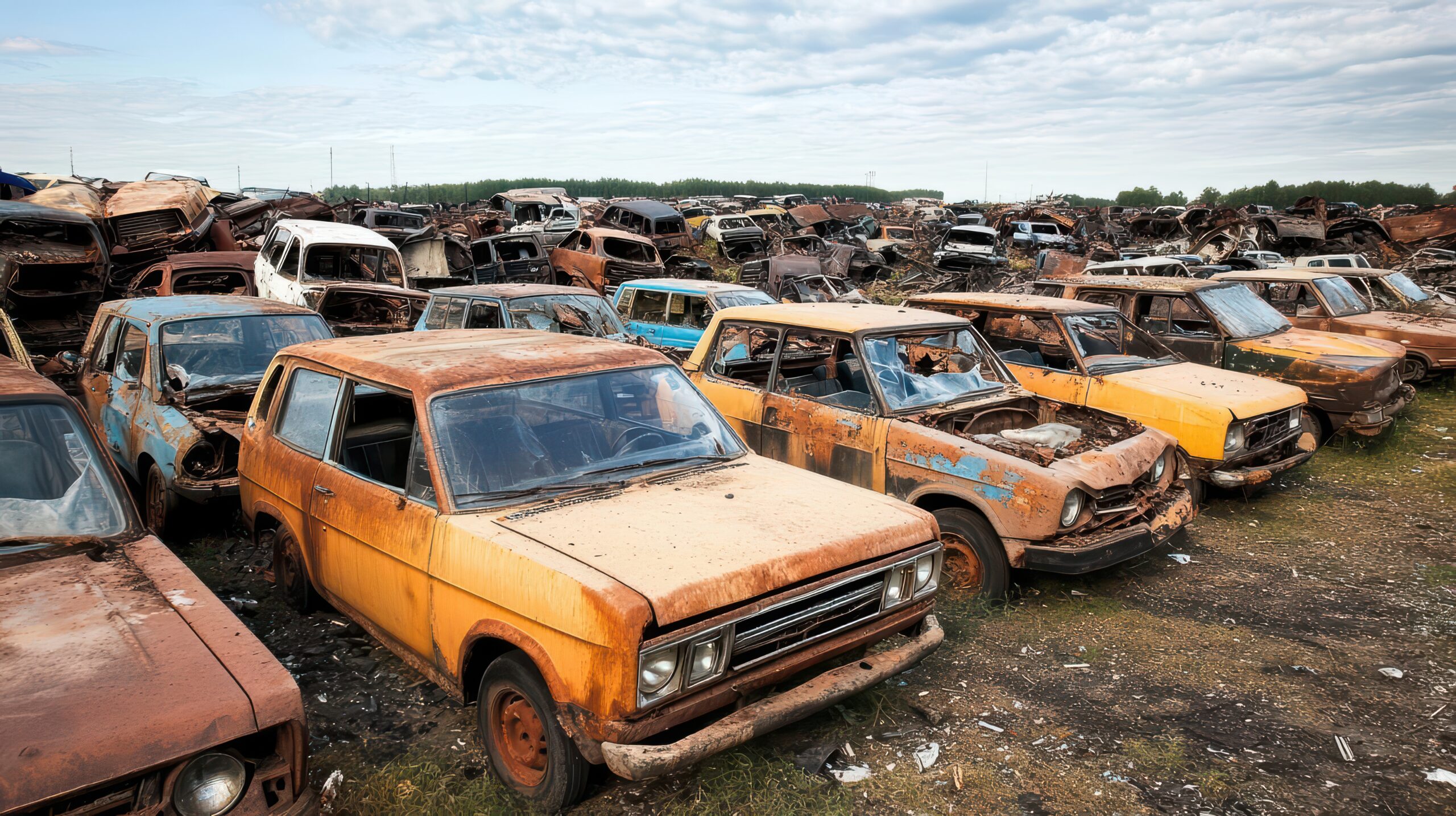 A junkyard filled with rusted, abandoned cars under a cloudy sky.