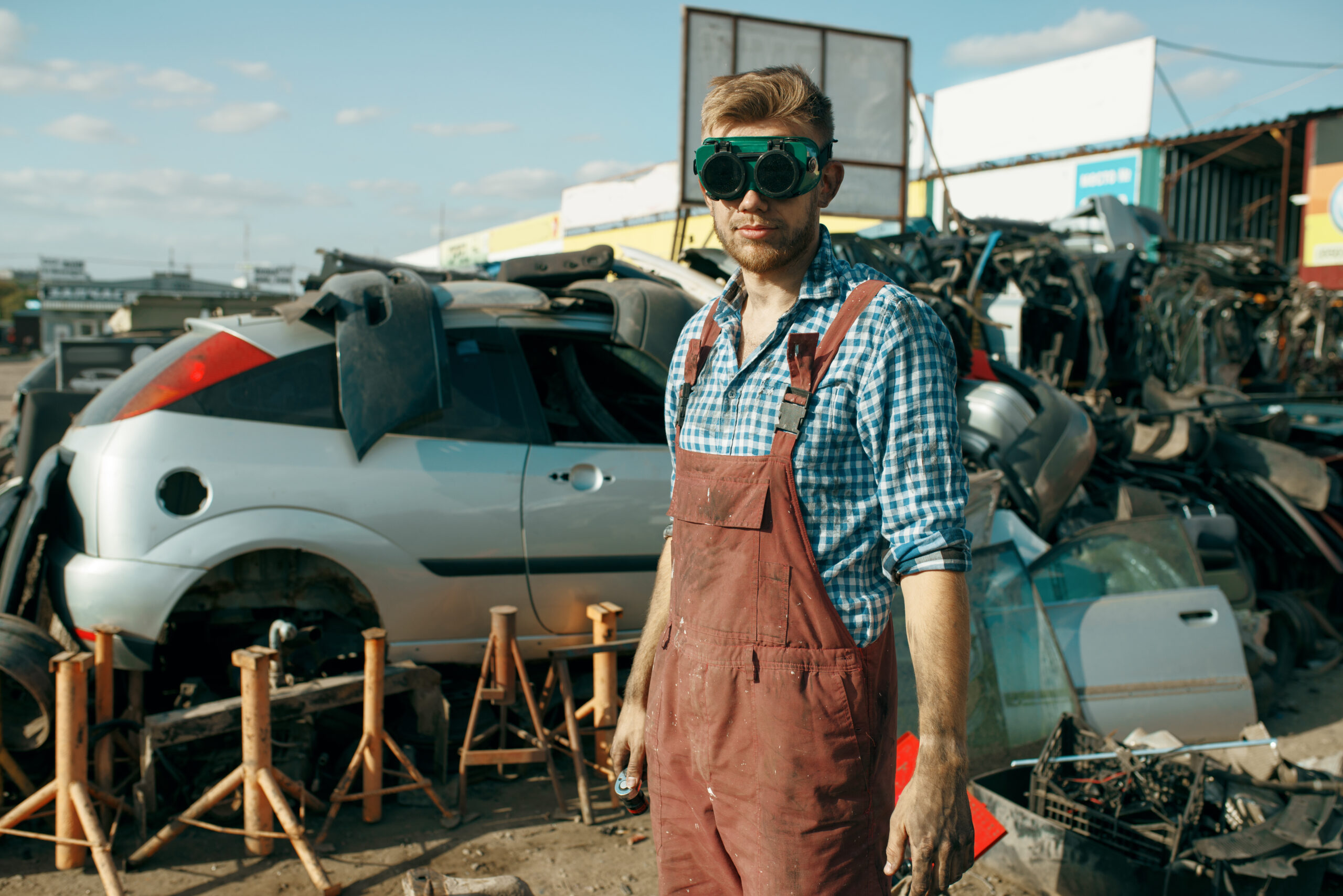Male repairman in welding glasses on car scrapyard. Auto scrap, vehicle junk, automobile garbage. Abandoned, damaged and crushed transport, junkyard